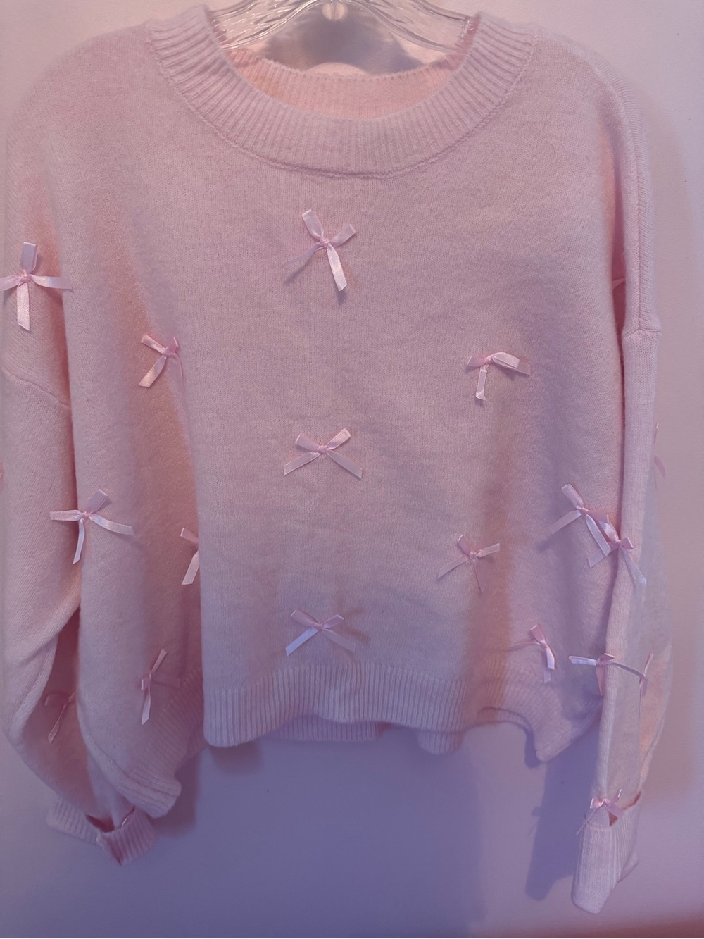 No Boundaries Light Pink Crewneck Sweater with Bow Accents